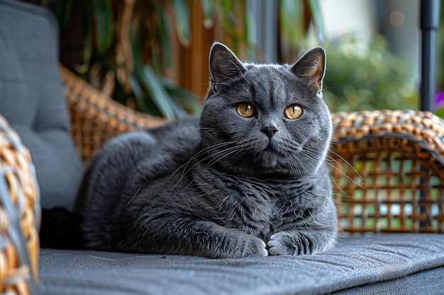 Beautiful blue british shorthair cat sitting on a sunbed