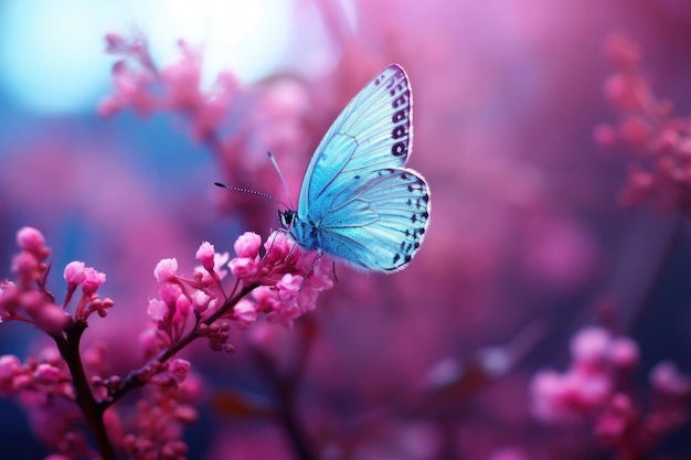 Beautiful blue butterfly perched on top of delicate pink flower Perfect for nature lovers and garden enthusiasts