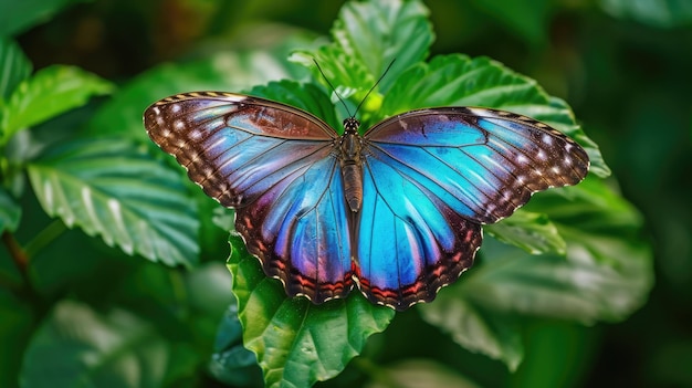 A beautiful blue butterfly perched on a vibrant green leaf Perfect for nature enthusiasts and wildlife lovers