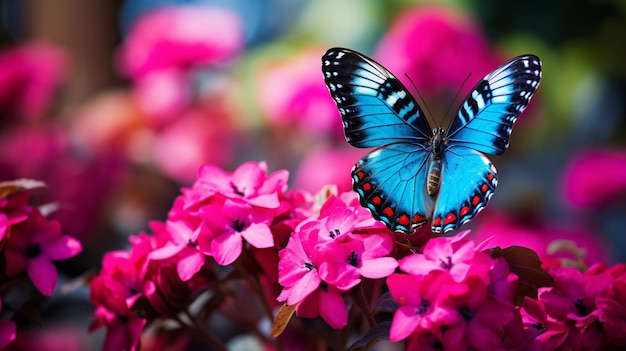 Beautiful blue butterfly on a pink flower in nature