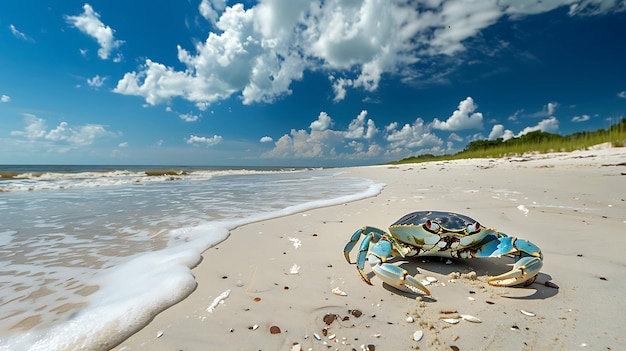 A beautiful blue crab sits on the beach its claws outstretched The crabs shell is a deep blue color and its claws are a lighter blue