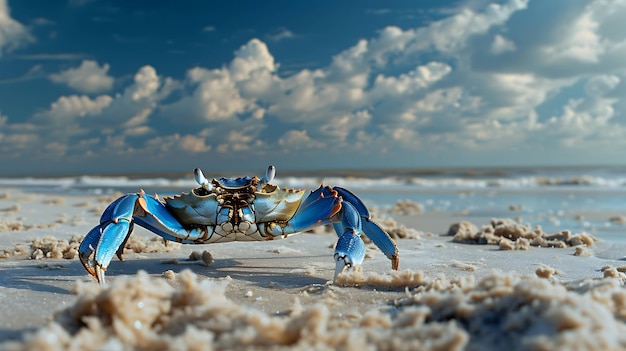 A beautiful blue crab stands on the beach its claws outstretched The crab is surrounded by sand and the ocean is in the background