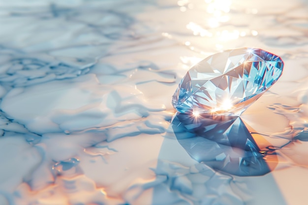 Photo beautiful blue diamond glowing on white marble in soft warm light