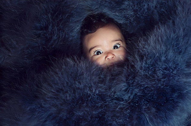 Beautiful Blue Eyes Baby Laying in Soft Fur Blanket