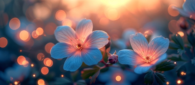 Beautiful blue flowers illuminated by soft warm sunset light creating dreamy and serene scene