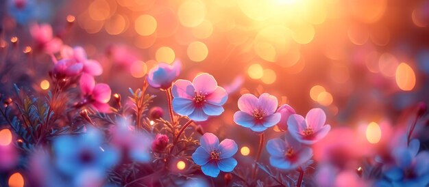 Beautiful blue flowers illuminated by soft warm sunset light creating dreamy and serene scene