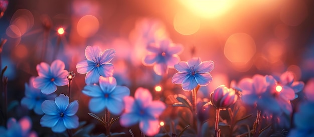 Beautiful blue flowers illuminated by soft warm sunset light creating dreamy and serene scene