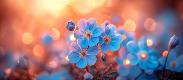 Beautiful blue flowers illuminated by soft warm sunset light creating dreamy and serene scene