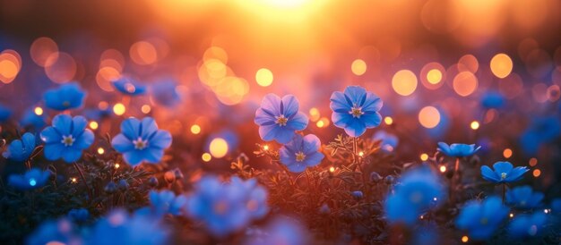 Beautiful blue flowers illuminated by soft warm sunset light creating dreamy and serene scene