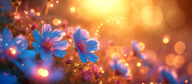 Beautiful blue flowers illuminated by soft warm sunset light creating dreamy and serene scene