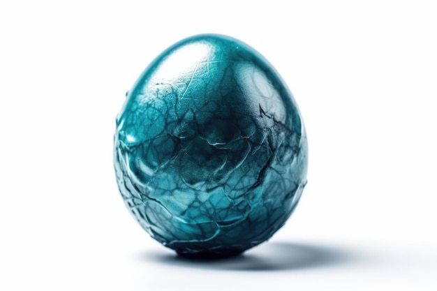 Beautiful blue glass egg resting on a wooden table