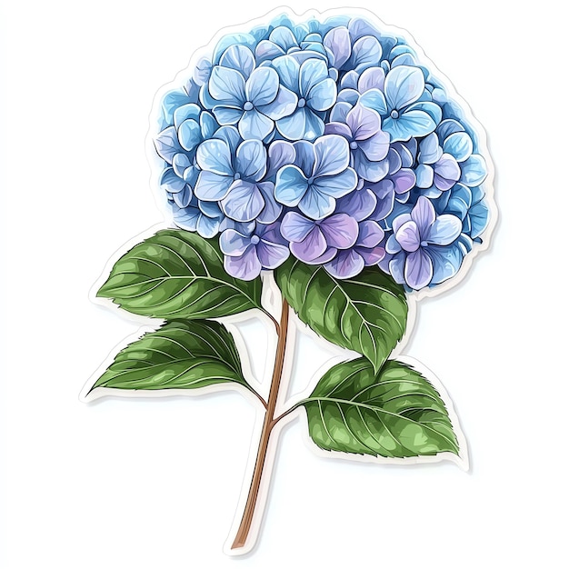 A beautiful blue hydrangea flower illustration with vibrant petals and lush green leaves perfect for floral designs and decor