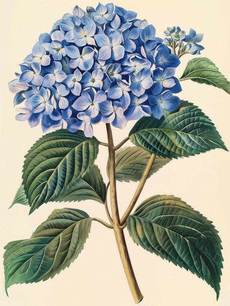 Beautiful blue hydrangea illustration with green leaves