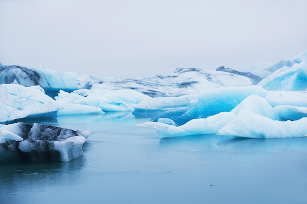 Beautiful blue icebergs in Jokulsarlon glacial lagoon. Vatnajokull glacier, south of Iceland