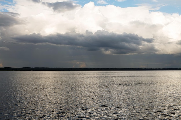 Beautiful blue lake landscape with clouds in the sky