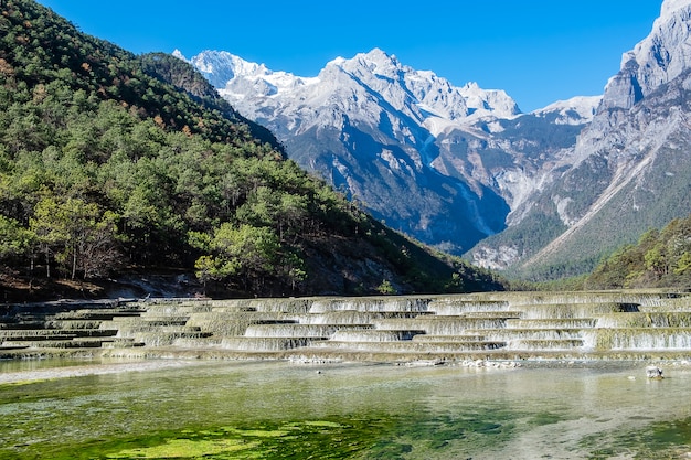 Beautiful of Blue Moon Valley, landmark and popular spot for tourists attractions inside the Jade Dragon Snow Mountain (Yulong) Scenic Area, near Lijiang Old Town. Lijiang, Yunnan, China