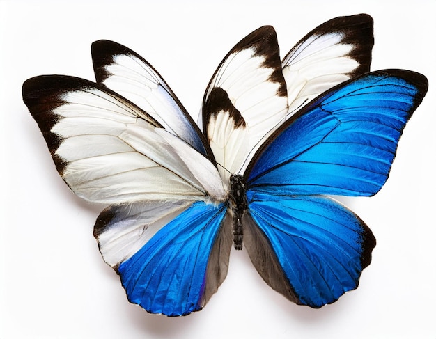 Photo a beautiful blue morpho butterfly isolated on white background horizontal with copy space