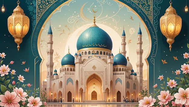 a beautiful blue mosque with a blue dome and a pink flower in front of it Islamic background