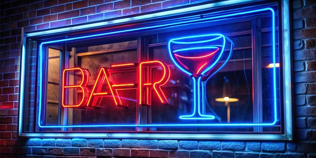 Photo beautiful blue neon bar sign with a red neon glass on the window advertising neon sign glows in the dark