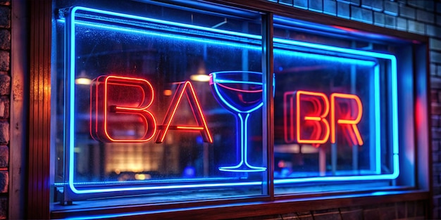 Photo beautiful blue neon bar sign with a red neon glass on the window advertising neon sign glows in the dark