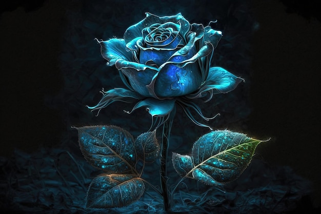 A beautiful blue neon rose that glows brightly in the dark made of flexible neon tubes shaped to create the delicate shape of a rose AIgenerated