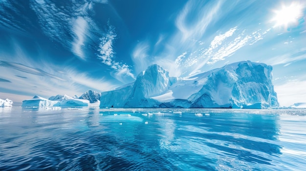 A beautiful blue ocean with a large ice cap in the background