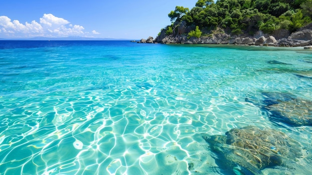 A beautiful blue ocean with a rocky shoreline