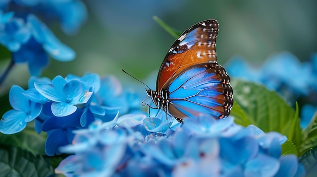 A beautiful blue and orange butterfly is perched on a flower The butterfly has its wings spread open displaying its vibrant colors