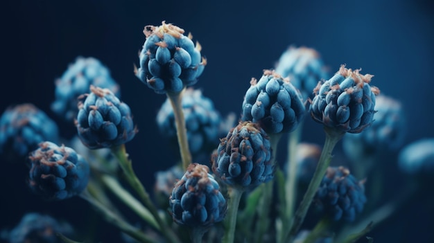 Beautiful blue protea flowers on dark blue backgroundgenerative ai