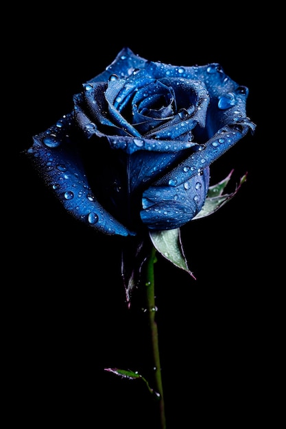 Beautiful blue rose with water drops on black background