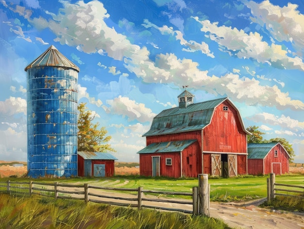 Beautiful Blue Silo on Working Family Farm with Modern Red Barn and Stunning Rural Landscape