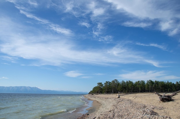 Beautiful blue sky over the sandy beach by the lake