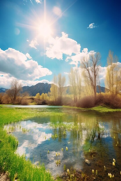 A beautiful blue sky with clouds and mountains in the background.