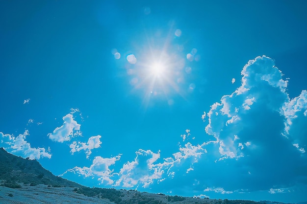 Beautiful blue sky with white clouds and sun Natural background