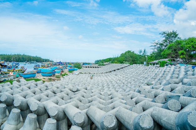 Beautiful blue skyline panoramic in Loc An Canal Scenery landscape of fishing port with tsunami