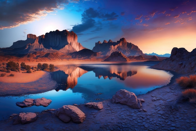 Beautiful blue sunset and stone mountains with desert lake