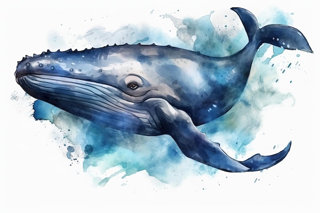 Beautiful blue whale in watercolor painting Generative Ai