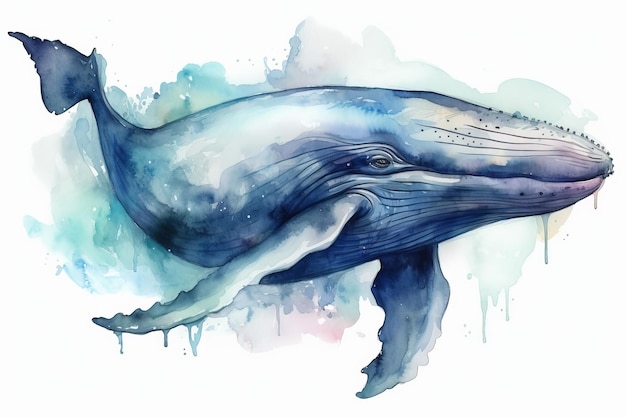 Beautiful blue whale in watercolor painting Generative Ai