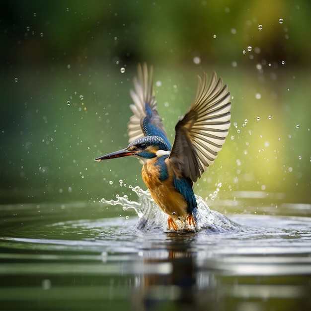 beautiful blue yellow bird kingfisher takes off from the surface of the water closeup