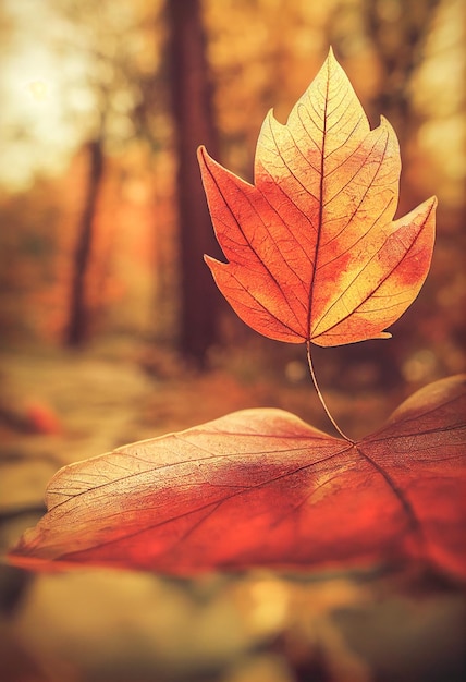 Beautiful blurred autumn landscape with fall leaves in sunshine