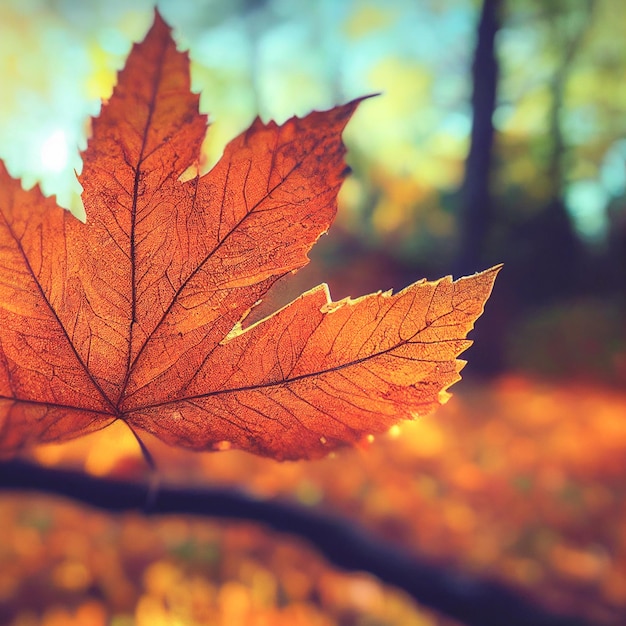 Beautiful blurred autumn landscape with fall leaves in sunshine