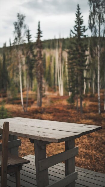 Beautiful blurred boreal forest background view with empty rustic wooden table for mockup product