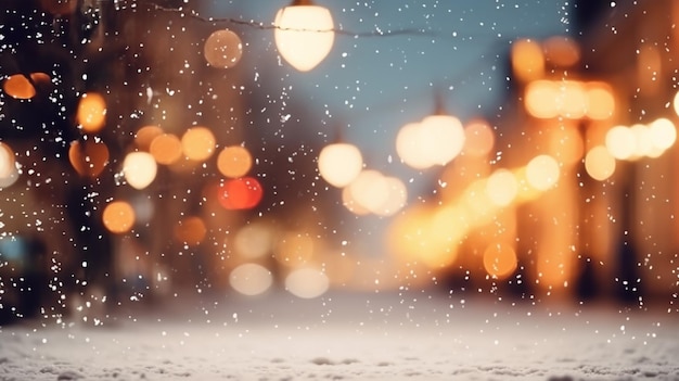 Beautiful blurred street of festive night or evening city with snowfall and Christmas lights Abstract christmas defocused background ar 169 v 52 Job ID a87ab74057fb41c29895ea71947884e0