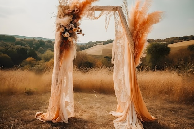 Beautiful Boho Style Wedding Arch with Delicate Cheesecloth Gauze Fabric studio overlay