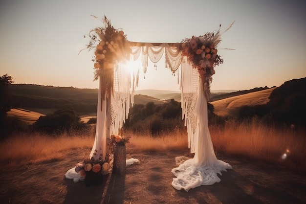 Beautiful Boho Style Wedding Arch with Delicate Cheesecloth Gauze Fabric studio overlay