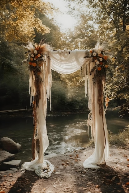 Beautiful Boho Style Wedding Arch with Delicate Cheesecloth Gauze Fabric studio overlay