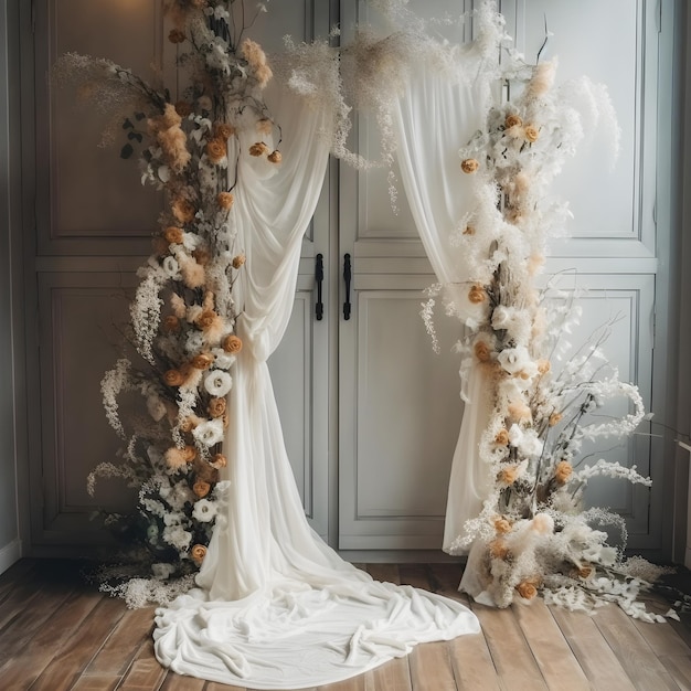 Beautiful Boho Style Wedding Arch with Delicate Cheesecloth Gauze Fabric studio overlay