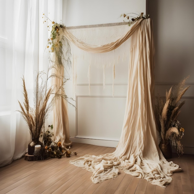 Beautiful Boho Style Wedding Arch with Delicate Cheesecloth Gauze Fabric studio overlay