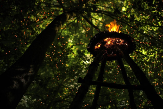 Beautiful bonfire in the forest at night with bokeh