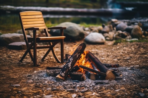 Beautiful bonfire with burning firewood near chairs and camping tent in forest Campfire by a